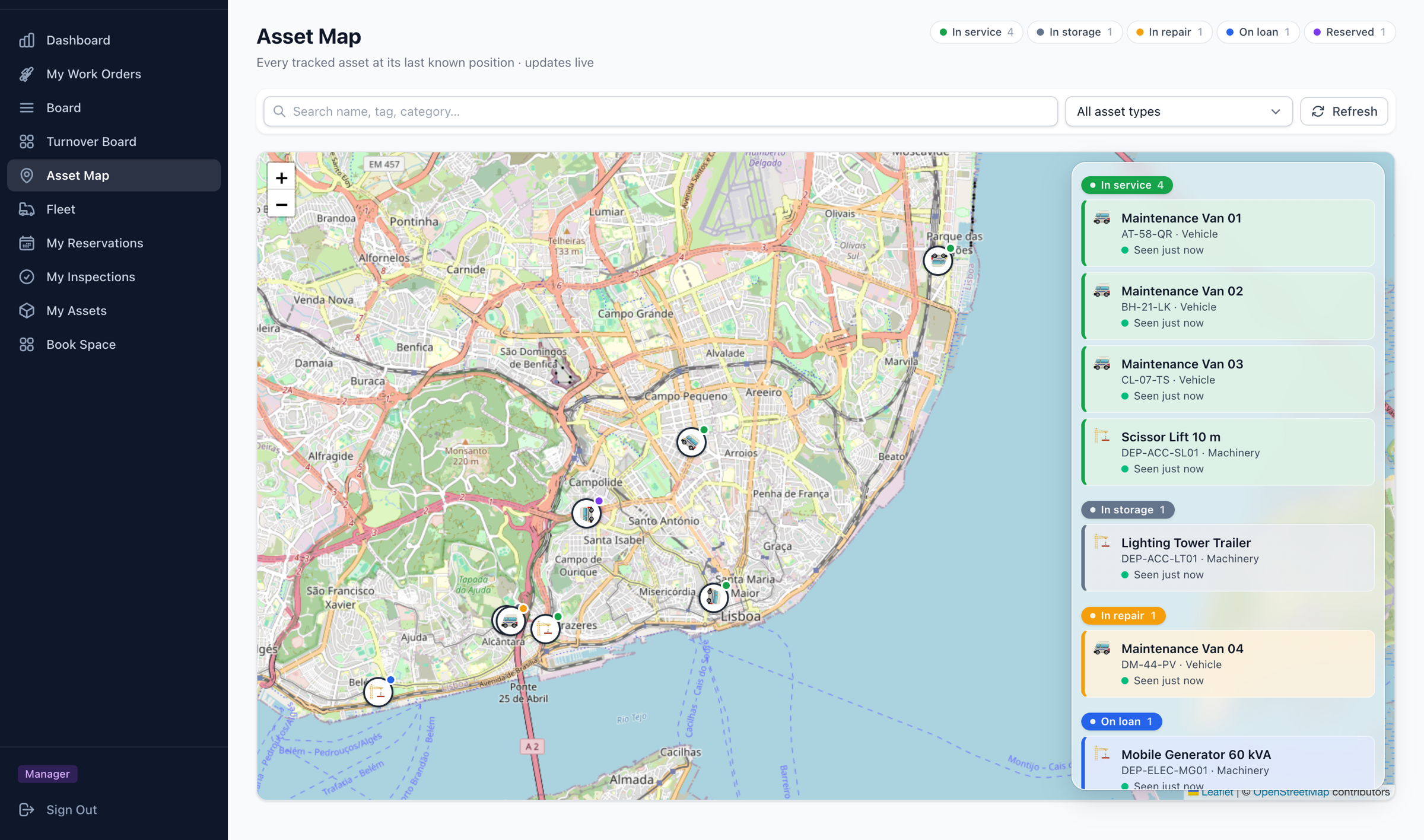 Campus asset map with markers for maintenance vans, a scissor lift and a mobile generator, beside a panel grouping the assets by status with registrations and last-seen times.