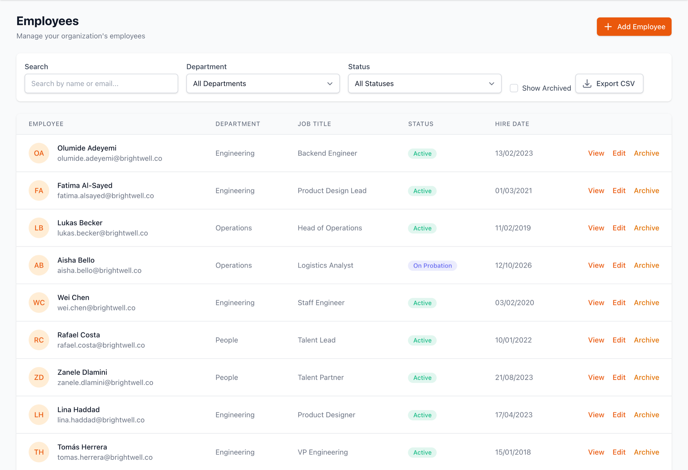 Tribe employee directory listing staff with avatars, work email, department, job title, status badges such as Active and On Probation, and hire dates.